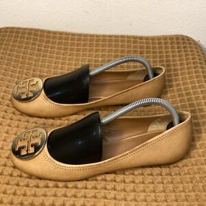 Tory Burch Flats with Gold Logo Emblem size Women's Sz 9M Brown Ballet